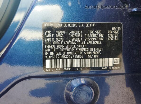 3CZRU6H32GM715652 2016 HONDA HR-V Blue VIN კოდის სტიკერის ხედი