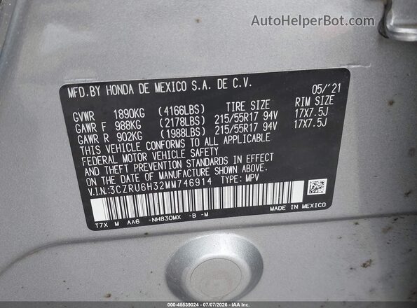 3CZRU6H32MM746914 2021 HONDA HR-V Silver Vista del compartimento del motor