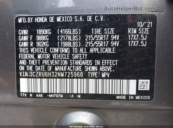 3CZRU6H32NM725966 2022 HONDA HR-V Серый Вид подкапотного пространства