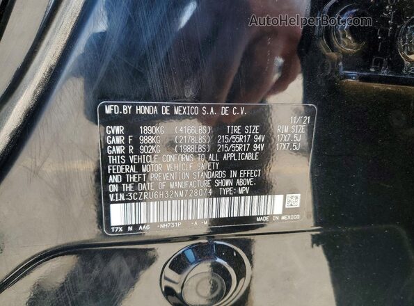 3CZRU6H32NM728074 2022 HONDA HR-V Black Widok naklejki z numerem VIN