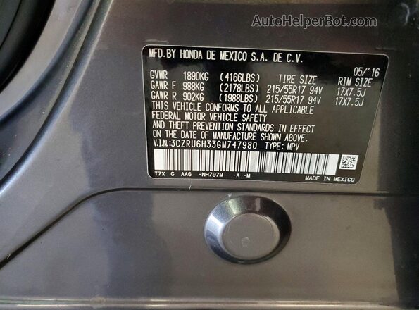 3CZRU6H33GM747980 2016 HONDA HR-V Gray VIN sticker view