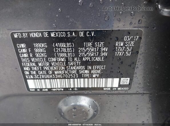 3CZRU6H33HG702523 2017 HONDA HR-V Gray Vista del compartimento del motor