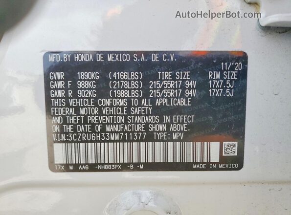 3CZRU6H33MM711377 2021 HONDA HR-V White Vista de la etiqueta del VIN