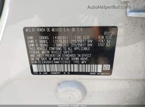 3CZRU6H33MM722802 2021 HONDA HR-V White Вид підкапотного простору