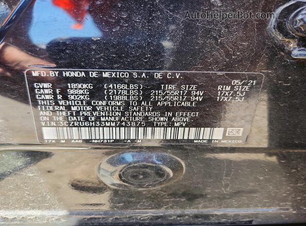 3CZRU6H33MM743875 2021 HONDA HR-V Black VIN կոդի պիտակի տեսք