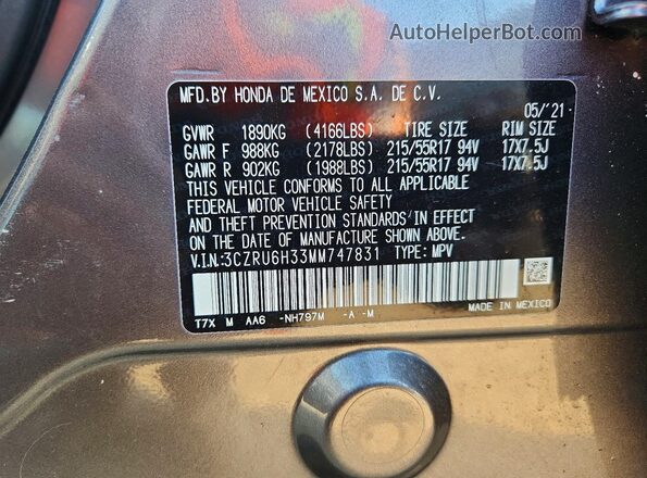 3CZRU6H33MM747831 2021 HONDA HR-V Gray Вид наклейки з VIN-кодом
