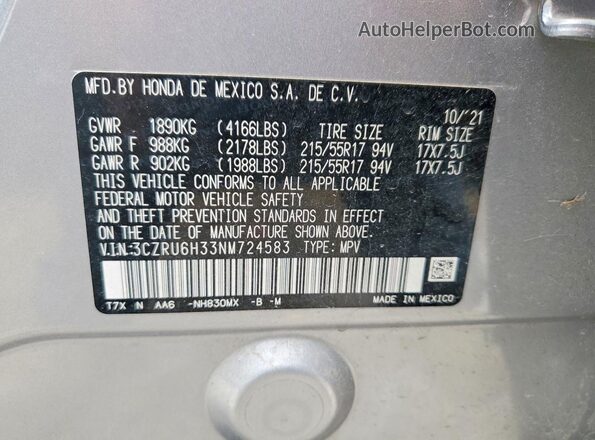 3CZRU6H33NM724583 2022 HONDA HR-V Silver VIN sticker view