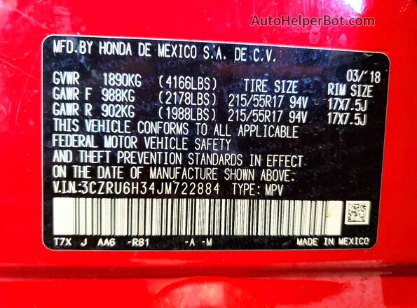 3CZRU6H34JM722884 2018 HONDA HR-V Red Вид наклейки з VIN-кодом