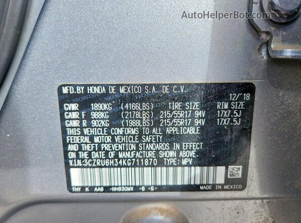 3CZRU6H34KG711870 2019 HONDA HR-V Silver VIN კოდის სტიკერის ხედი