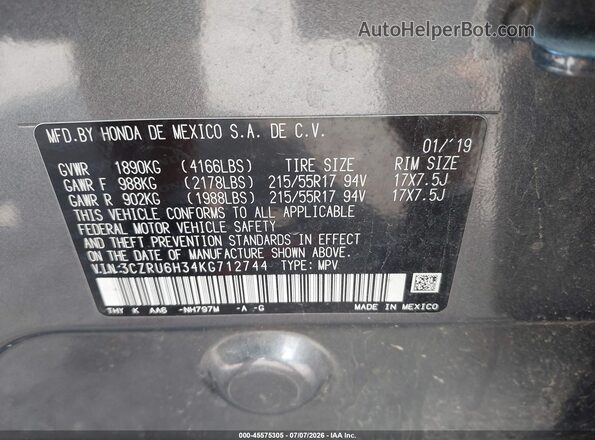 3CZRU6H34KG712744 2019 HONDA HR-V Gray Вид підкапотного простору