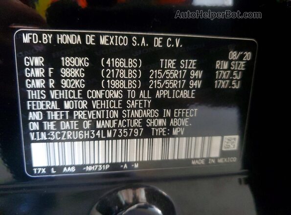 3CZRU6H34LM735797 2020 HONDA HR-V Black Widok naklejki z numerem VIN