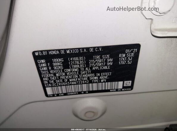 3CZRU6H34MM722842 2021 HONDA HR-V White ძრავის განყოფილების ხედი