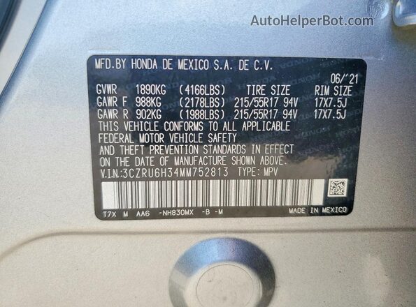 3CZRU6H34MM752813 2021 HONDA HR-V Серебряный Вид наклейки с VIN-кодом