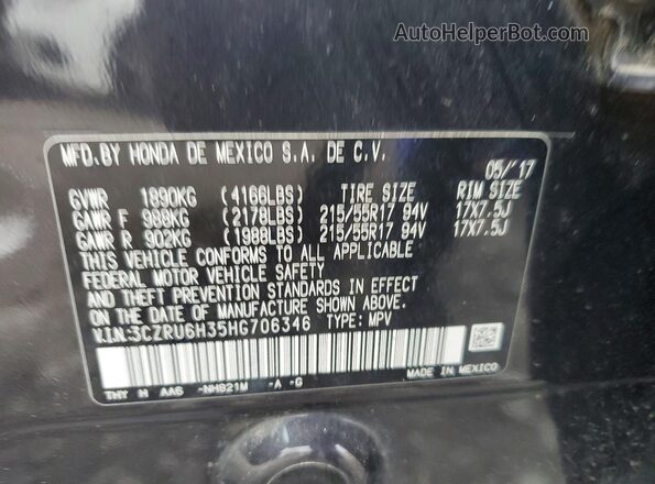 3CZRU6H35HG706346 2017 HONDA HR-V Black VIN კოდის სტიკერის ხედი