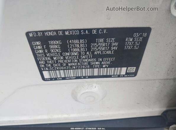 3CZRU6H35JM722828 2018 HONDA HR-V White Вид підкапотного простору