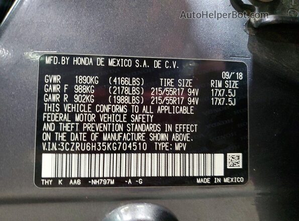 3CZRU6H35KG704510 2019 HONDA HR-V Gray VIN sticker view
