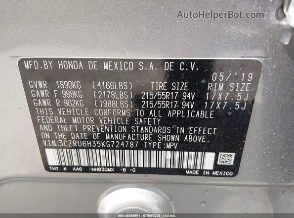 3CZRU6H35KG724787 2019 HONDA HR-V Silver Շարժիչի բաժամունքի տեսք