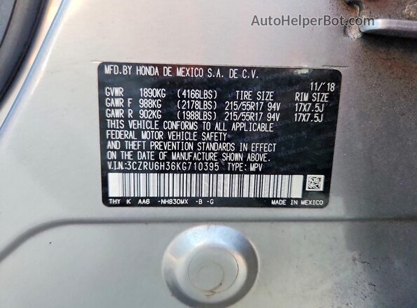 3CZRU6H36KG710395 2019 HONDA HR-V Silver VIN კოდის სტიკერის ხედი