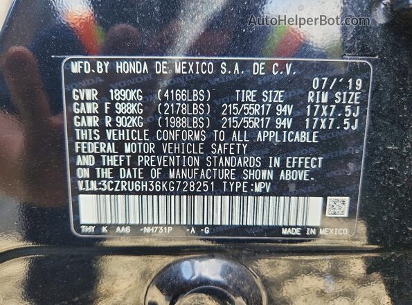 3CZRU6H36KG728251 2019 HONDA HR-V Black VIN կոդի պիտակի տեսք