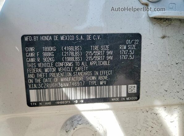 3CZRU6H36NM746917 2022 HONDA HR-V Белый Вид наклейки с VIN-кодом