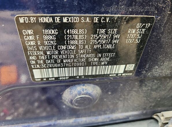 3CZRU6H37HG709801 2017 HONDA HR-V Blue Vista del compartimento del motor