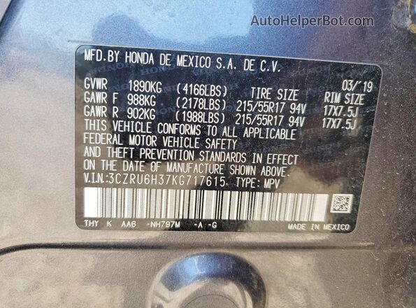 3CZRU6H37KG717615 2019 HONDA HR-V Gray VIN sticker view