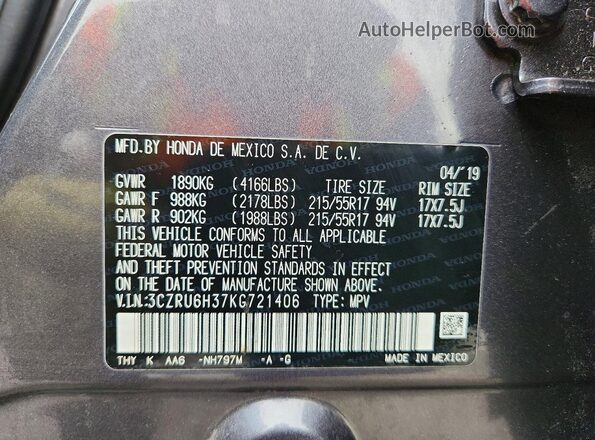 3CZRU6H37KG721406 2019 HONDA HR-V Charcoal Vista interior de 360 grados