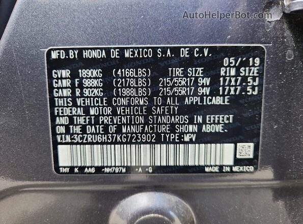3CZRU6H37KG723902 2019 HONDA HR-V Серый Вид наклейки с VIN-кодом