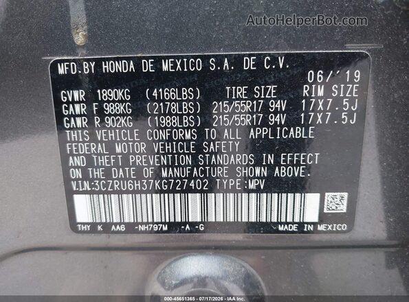 3CZRU6H37KG727402 2019 HONDA HR-V Gray Engine compartment view