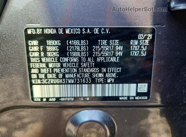 3CZRU6H37MM731633 2021 HONDA HR-V Charcoal Вид наклейки з VIN-кодом
