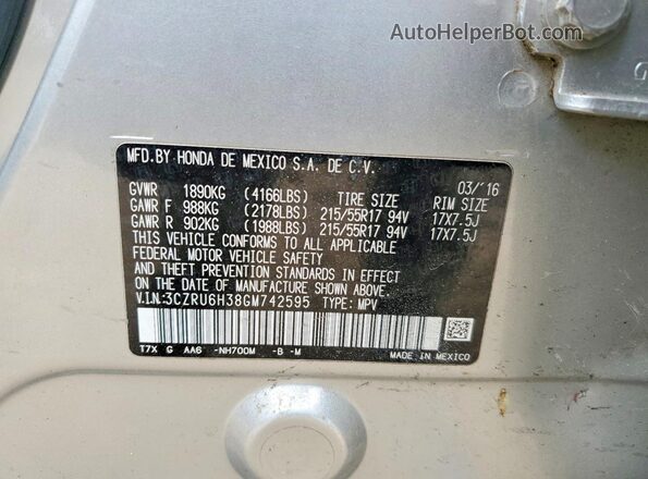 3CZRU6H38GM742595 2016 HONDA HR-V Silver Widok komory silnika