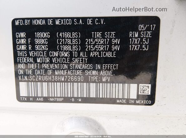 3CZRU6H38HM726690 2017 HONDA HR-V Белый Вид подкапотного пространства