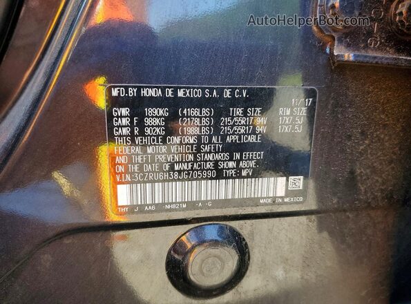 3CZRU6H38JG705990 2018 HONDA HR-V Gray Vista de la etiqueta del VIN