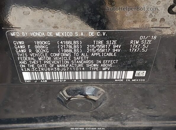 3CZRU6H38JG711014 2018 HONDA HR-V Black Вид підкапотного простору