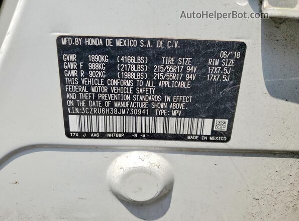 3CZRU6H38JM730941 2018 HONDA HR-V White VIN კოდის სტიკერის ხედი