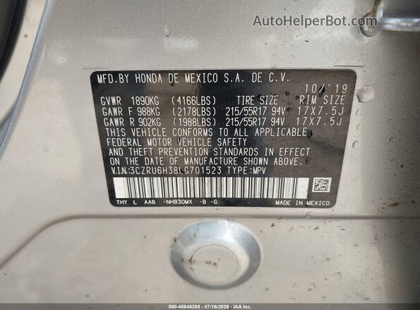 3CZRU6H38LG701523 2020 HONDA HR-V Silver Շարժիչի բաժամունքի տեսք
