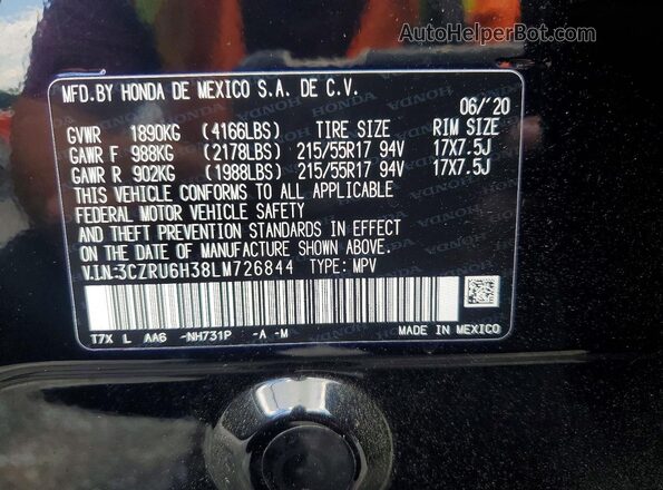 3CZRU6H38LM726844 2020 HONDA HR-V Black VIN կոդի պիտակի տեսք