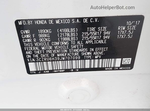 3CZRU6H39JM707099 2018 HONDA HR-V White Widok komory silnika