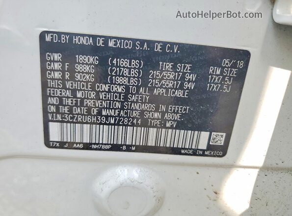 3CZRU6H39JM728244 2018 HONDA HR-V White Vista de la etiqueta del VIN