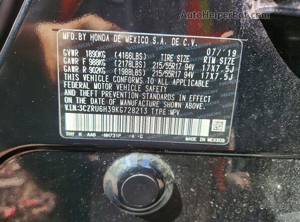 3CZRU6H39KG728213 2019 HONDA HR-V Black VIN sticker view