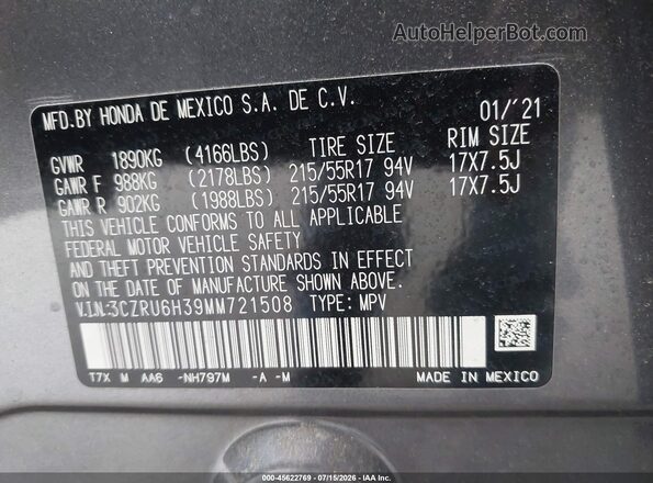 3CZRU6H39MM721508 2021 HONDA HR-V Gray Вид підкапотного простору