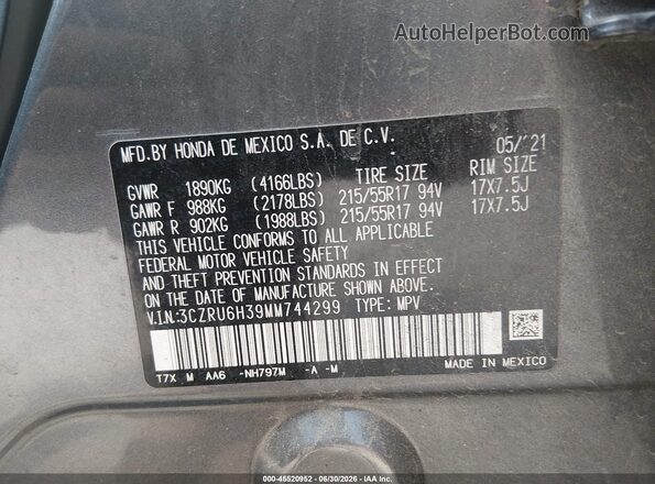 3CZRU6H39MM744299 2021 HONDA HR-V Gray Engine compartment view