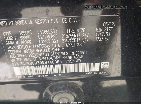 3CZRU6H39MM746960 2021 HONDA HR-V Black Vista del compartimento del motor