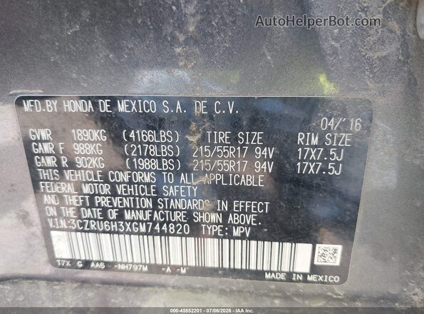 3CZRU6H3XGM744820 2016 HONDA HR-V Серый Вид подкапотного пространства