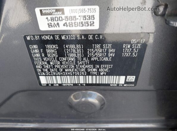 3CZRU6H3XHG706262 2017 HONDA HR-V Gray Vista del compartimento del motor