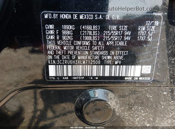 3CZRU6H3XLM712508 2020 HONDA HR-V Black ძრავის განყოფილების ხედი