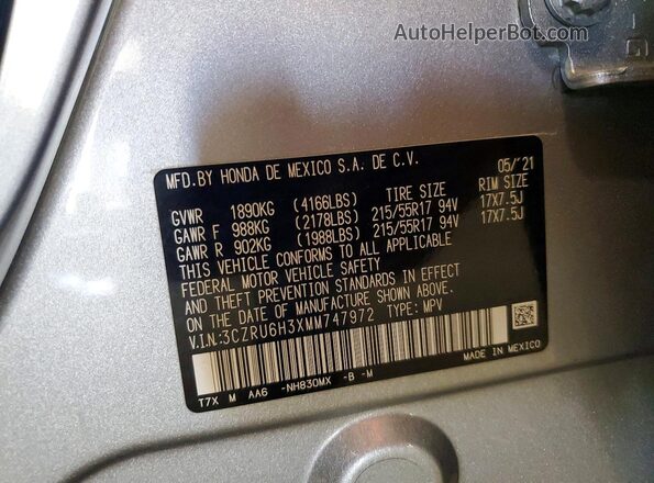 3CZRU6H3XMM747972 2021 HONDA HR-V Серебряный Вид наклейки с VIN-кодом