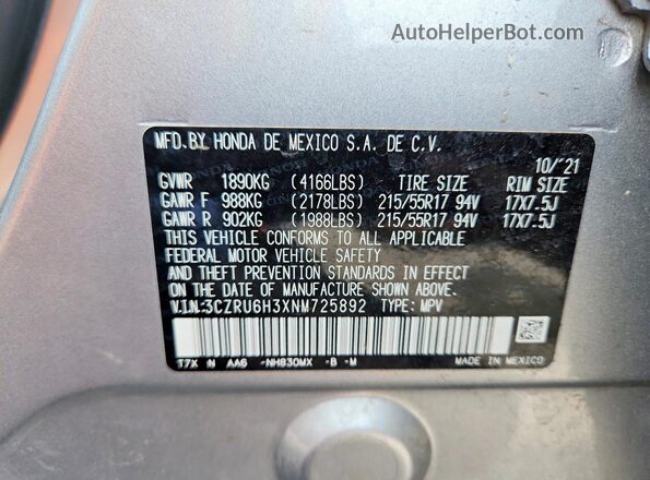 3CZRU6H3XNM725892 2022 HONDA HR-V Silver Vista de la etiqueta del VIN