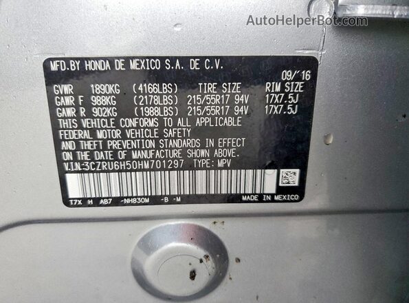 3CZRU6H50HM701297 2017 HONDA HR-V Silver Widok naklejki z numerem VIN