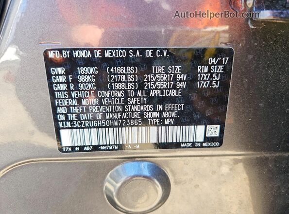 3CZRU6H50HM723865 2017 HONDA HR-V Gray Շարժիչի բաժամունքի տեսք